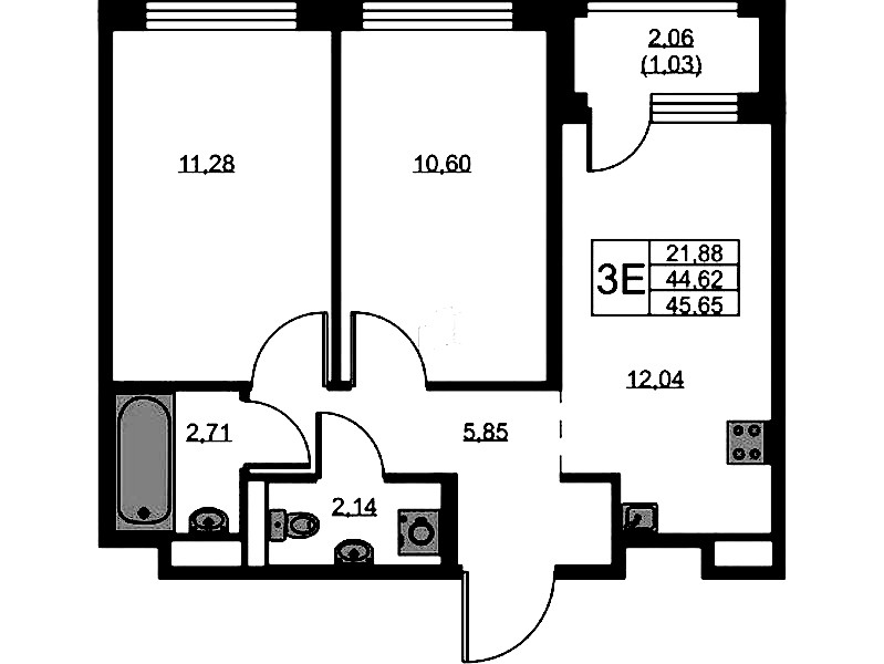 2-комнатная квартира 45.65 м², 3/9 эт., ЖК «GloraX Новоселье»